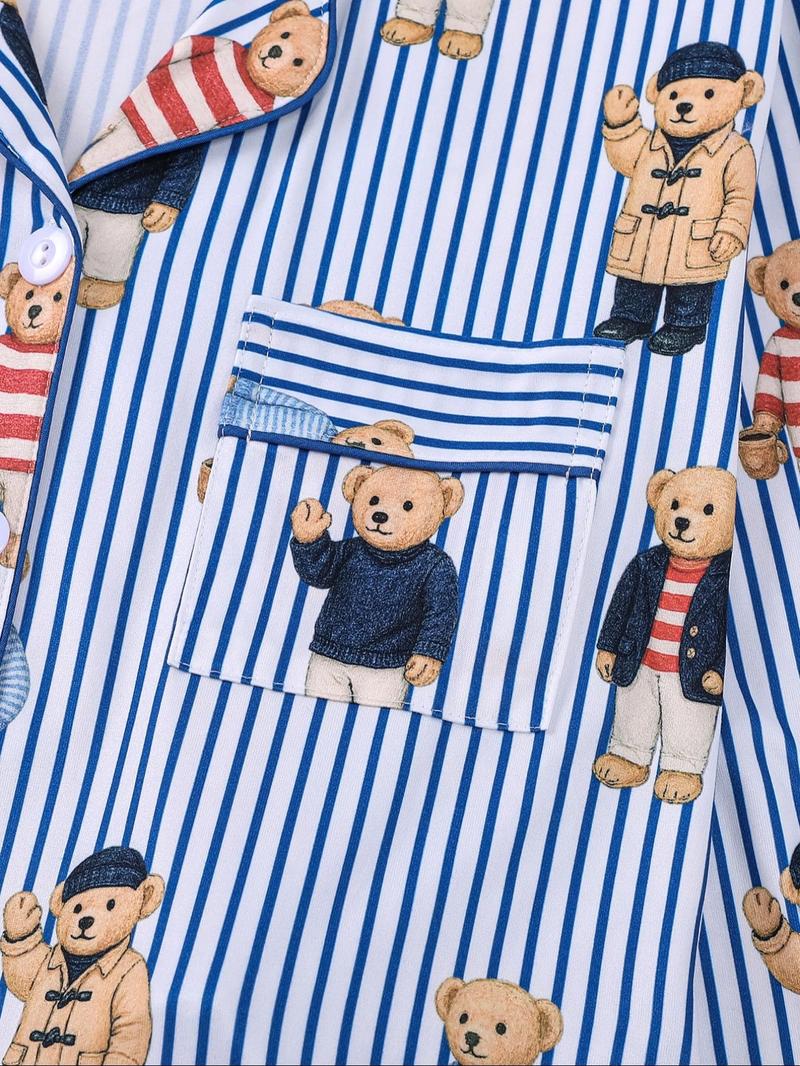 Women's Fall & Winter Pajama Set, Bear Print Sleepwear, Casual Long Sleeve Shirt and Elastic Pants, Soft and Stretchy Fabric