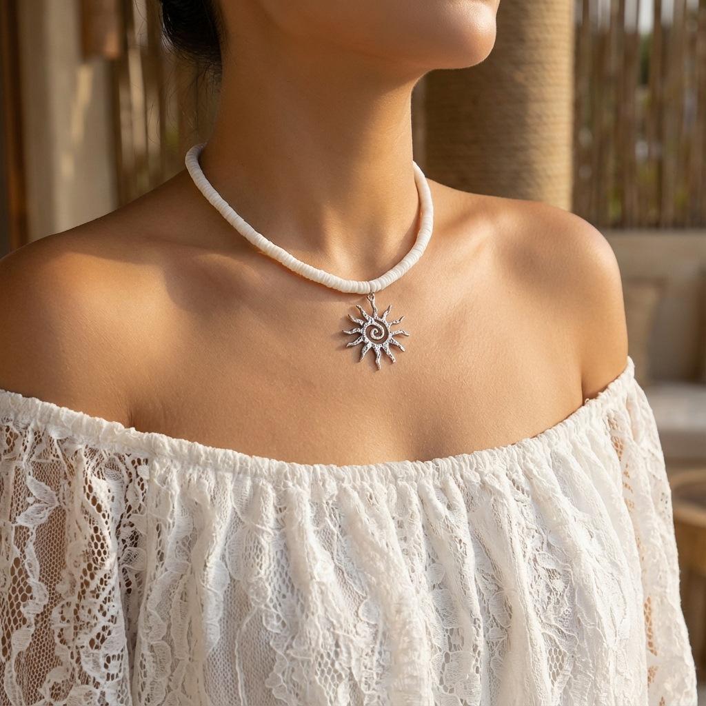 Bohemian Vacation Style Sun Flame Natural Stone Necklace, French Vintage Beaded Pendant Chain, Unique Jewelry Accessory