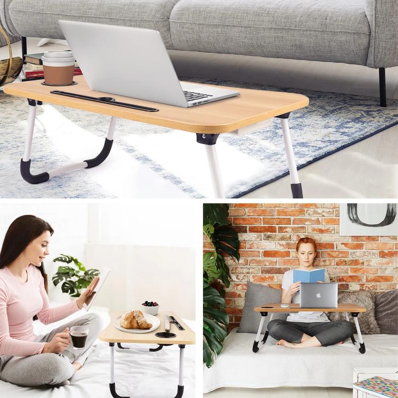 PHANCIR Foldable Lap Desk(No USB), 23.6 Inch Portable Wood Laptop Desk Table Workspace Organizer Bed Sofa Tray with Slots/Cup Holder/Drawer, Anti-Slip for Reading Writing Eating Watching