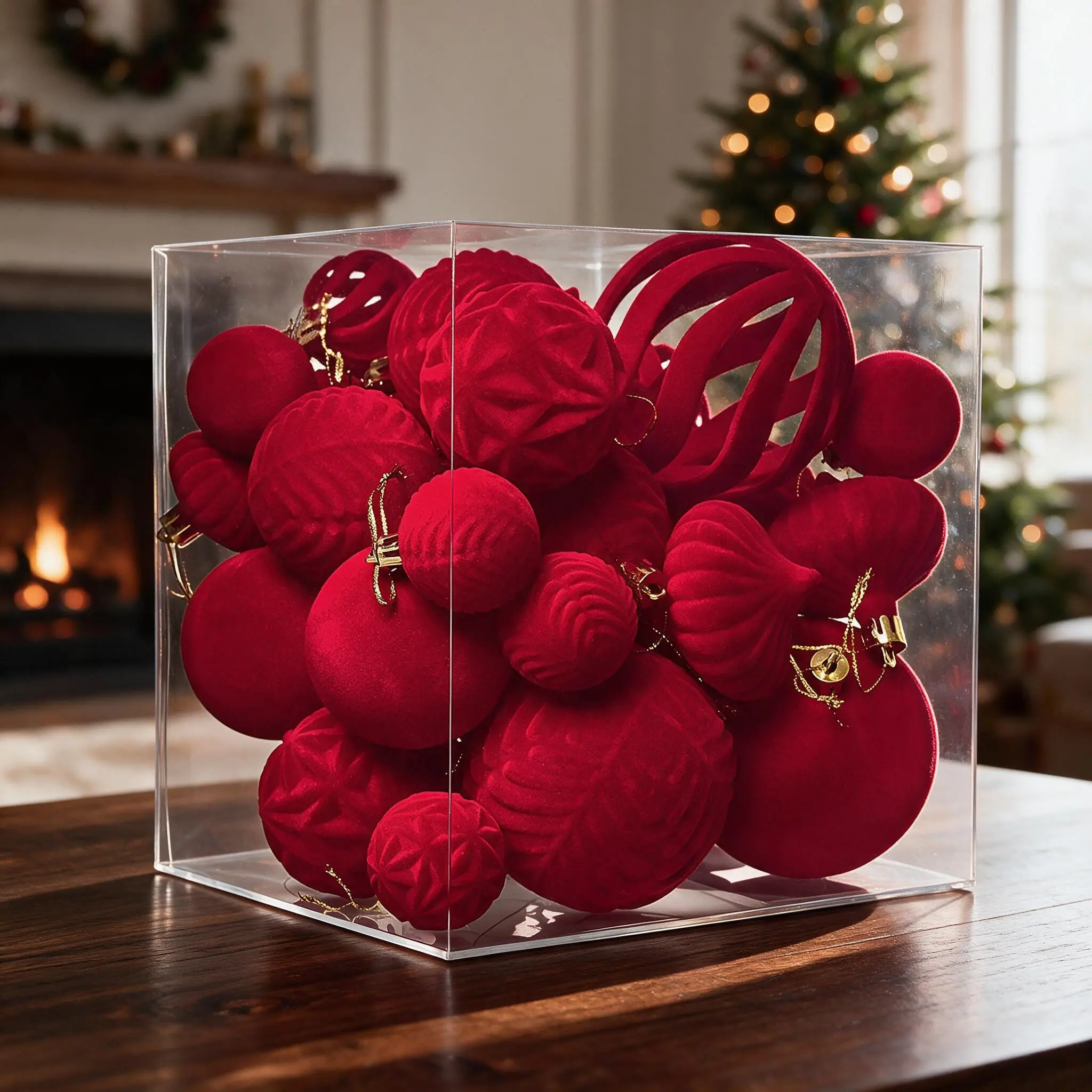 36-Piece Velvet Christmas Ornament Set, Multi-Size Silk Ornaments, Hanging Ropes, Festive Tree Decorations
