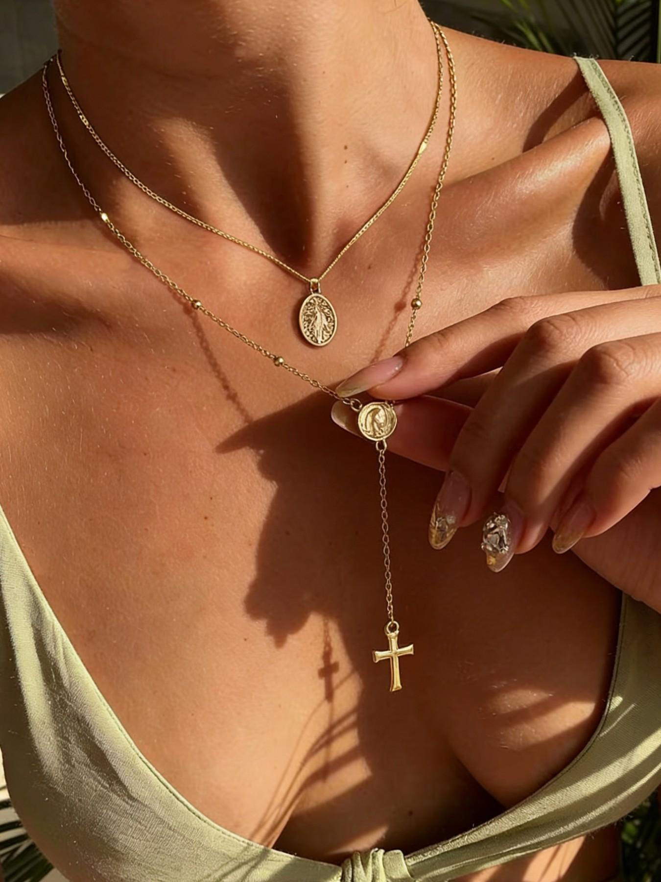 Pattern Disk Cross Pendant Saturn Chain Y Necklace Set 2pc, Elegant Jewelry Gift for Women, Unique Design Fashion Accessory