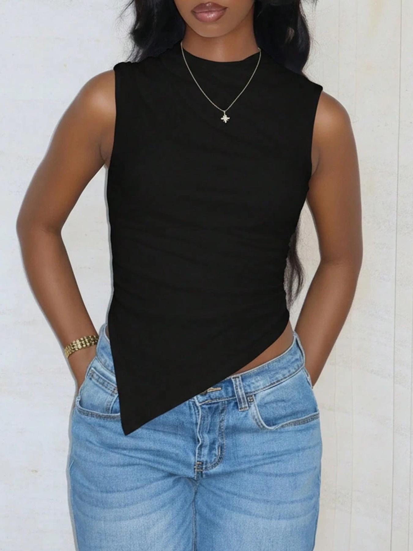 Women's Solid Color Sleeveless Mock Neck Cropped Tank Top, Asymmetrical Hem, Stretchy Fabric, Casual & Daily Wear,Multipack