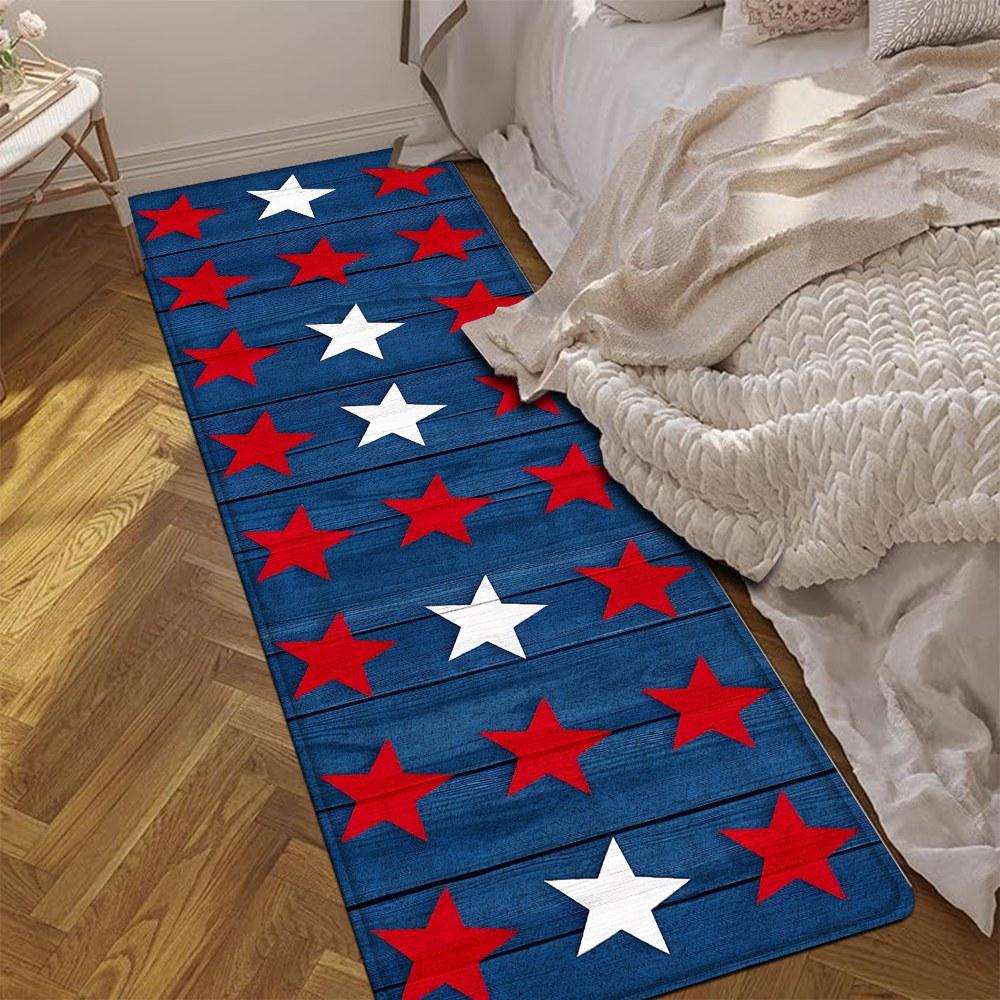 1PC， Red and White Stars on Blue Background Patterned strip rugs, home décor, bathroom mats, entryway mats, bathroom non-slip mats, indoor entrance rugs, bedroom bedside mats, kitchen mats, hallway rugs, flannel sponge rugs, hallway runner rugs