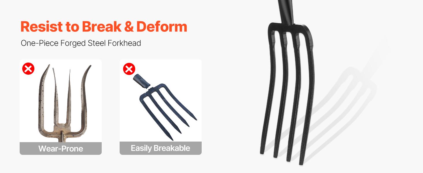 VEVOR Garden Fork, 4-Tine Gardening Pitchfork with Fiberglass Handle, 45 in Heavy Duty Digging Fork with Y Grip, Forged Steel Spading Fork for Hay Potato Composting Transplanting Aeration