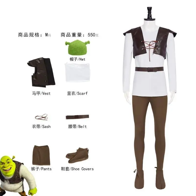 New Shrek Cosplay Costumes Green Hat Shrek Top Leather Vest Pants for Men Performance Role Play Halloween Carnival Party Outfits