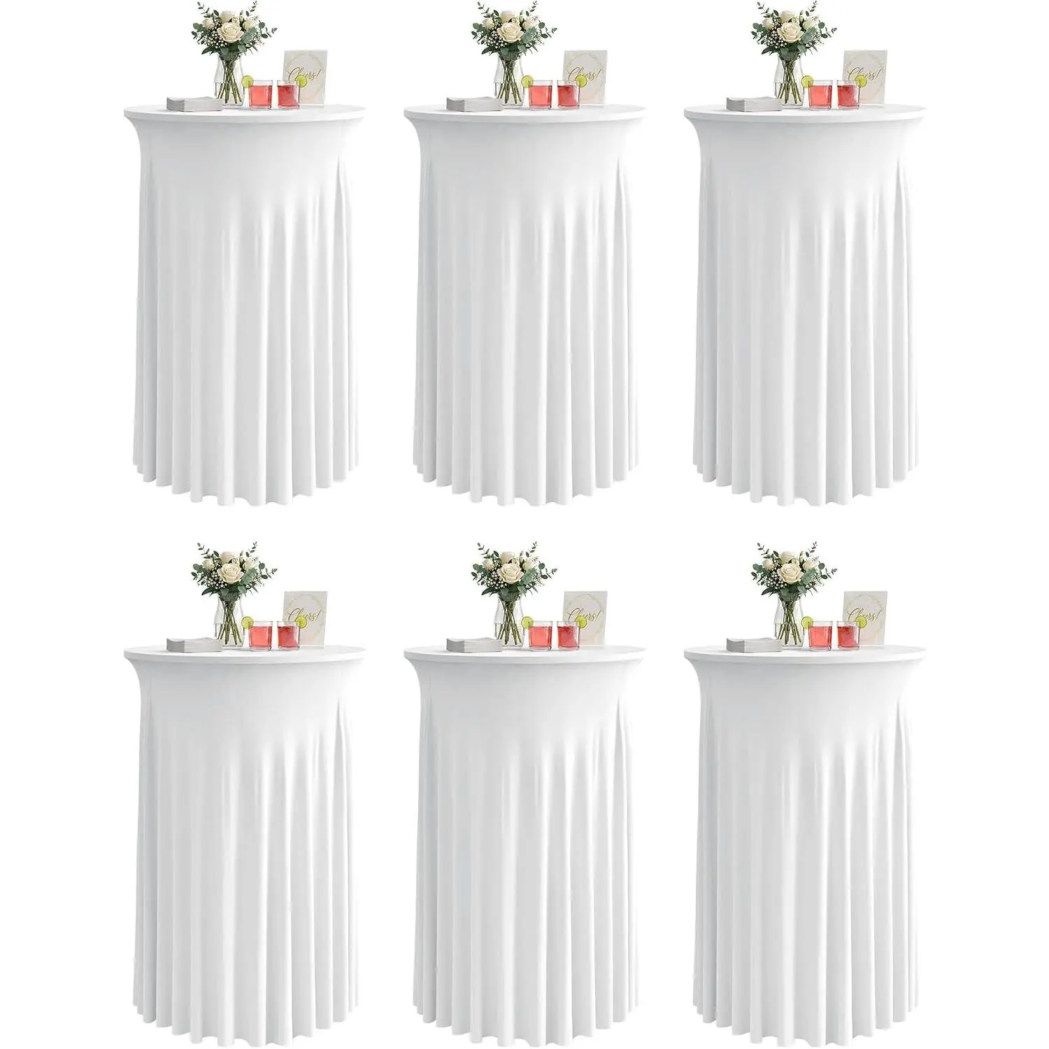 6 Pack White Round Spandex Cocktail Table Covers with Skirts, 32x43 Inch