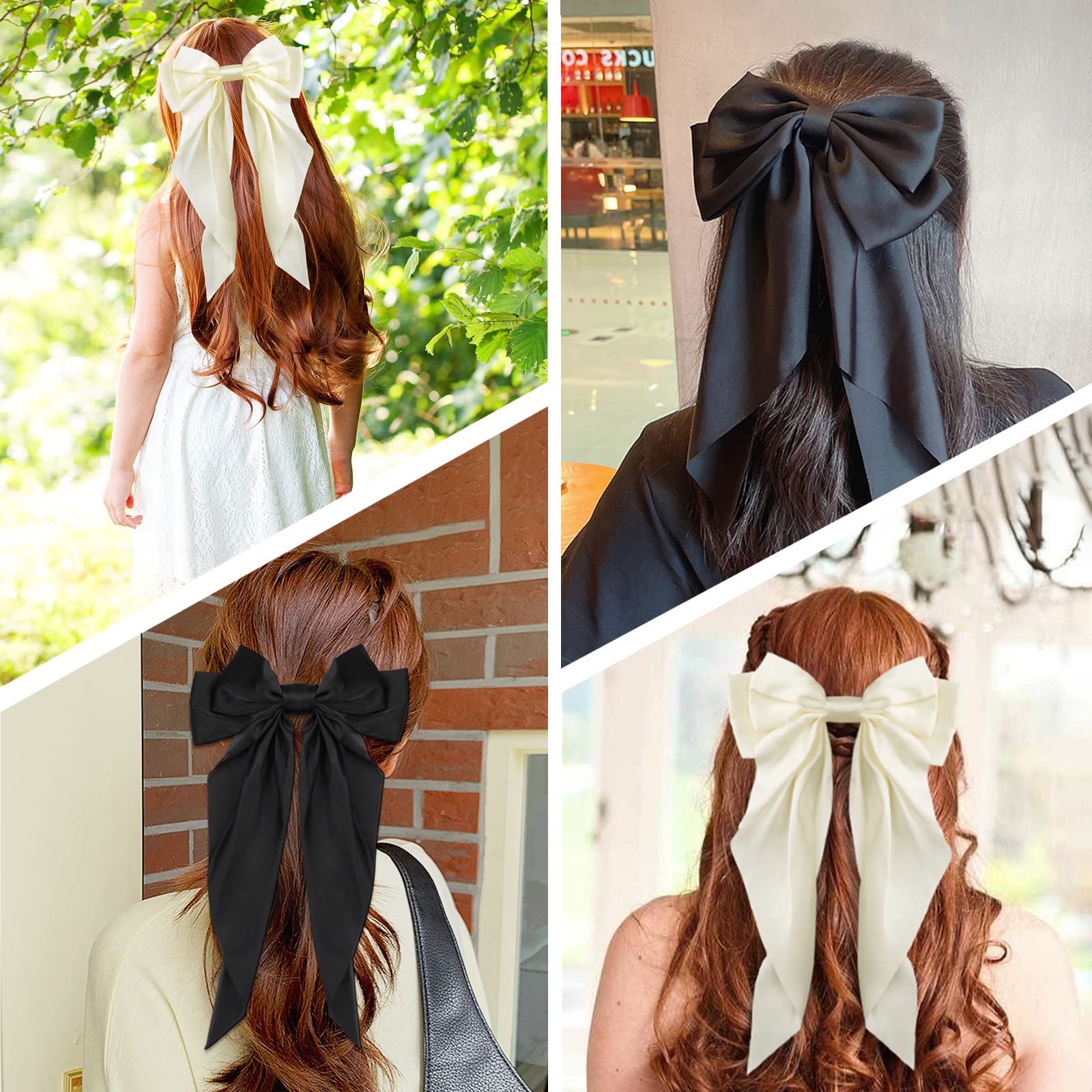 Big Bow Hair Accessories 2pcs - Long Tail French Satin Silky Barrettes for Women and Girls, Black, Burgundy, Red Bows for Birthday, Party, Show, hair clips Fashion