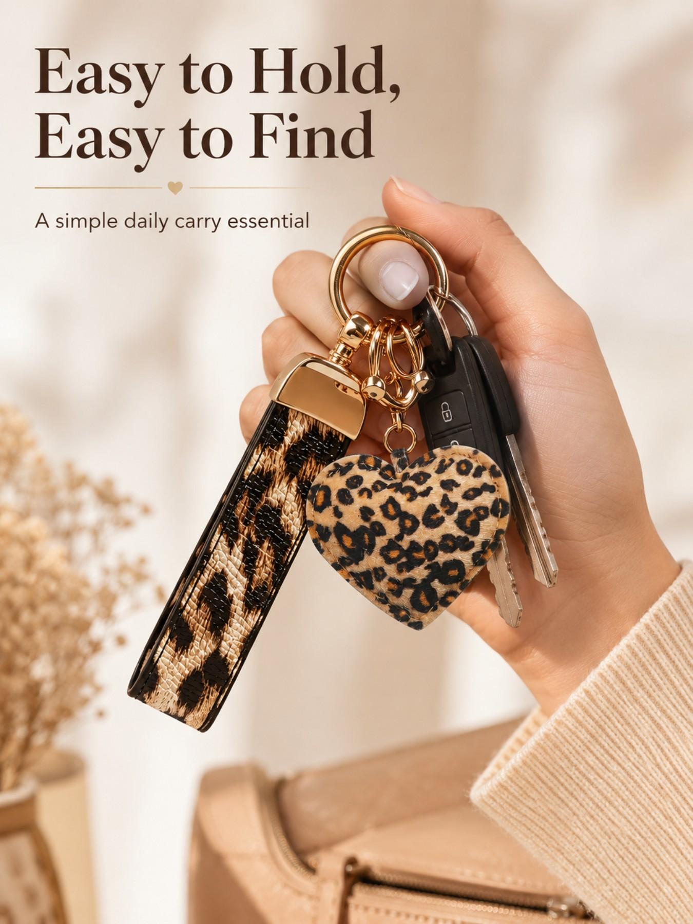 Leopard Print Heart/Star Purse Charm Bag Keyring & Leopard Print Car Key Fob Lanyard with Anti-Lost D-Ring Faux PU Leather Keychain Car Key Holder Strap Animal Cheetah Print Car Key Handbag Charms Bag Pendant Backpack Automotive Accessories Couple Gift