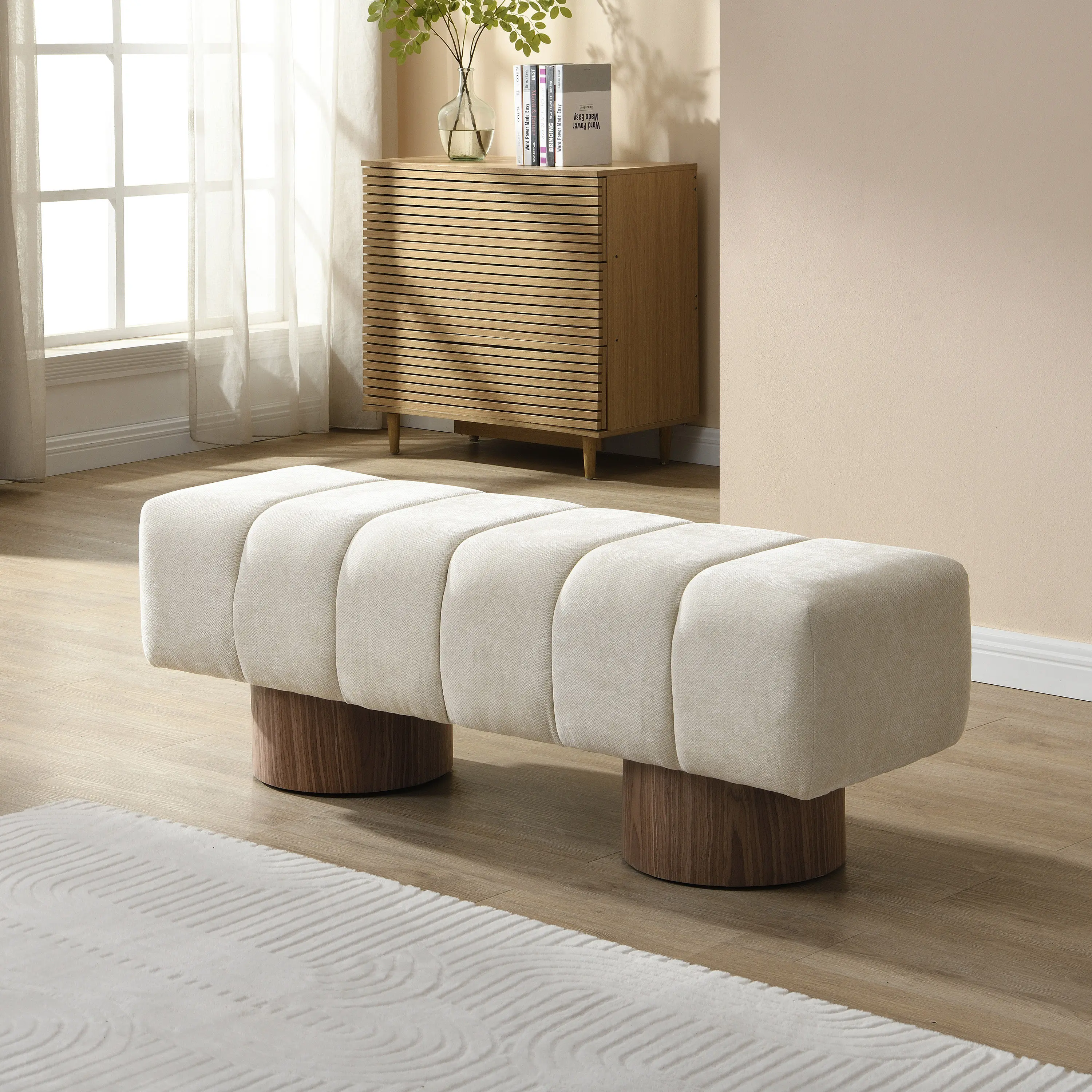 Nokaa Upholstered Dining Bench, No-Assembly Entryway Ottoman for Bedroom Living Room, Beige Chenille Fabric, 300 LBS Capacity, 49" Long Seats 2 Adults, Floor-Friendly Pads, Multi-Functional