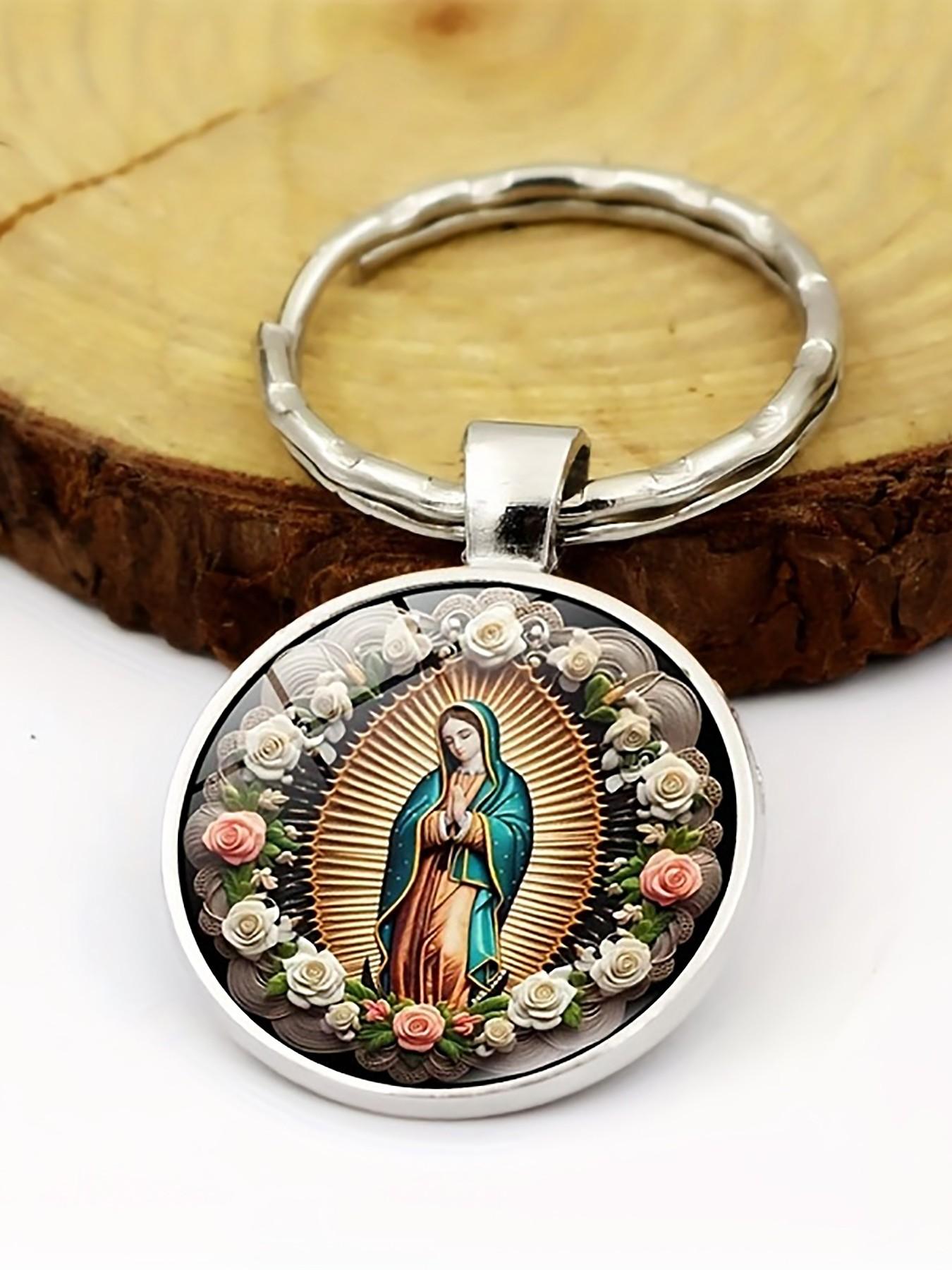 12 Sets Alloy Religious Round Glass Keychain, Includes 12 Organza and 12 Cards, Perfect Gift for Friends, Party, Birthday, Souvenir