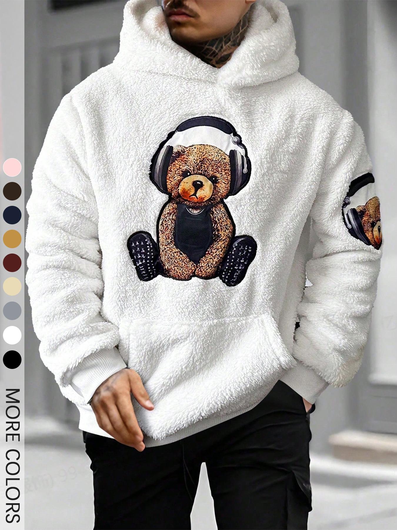 Men's Cartoon Bear Embroidery Pocket Fuzzy Knitted Hoodie, Fitted Casual Long Sleeve Hooded Sweatshirt for Fall & Winter, Men's Clothes for Daily Wear