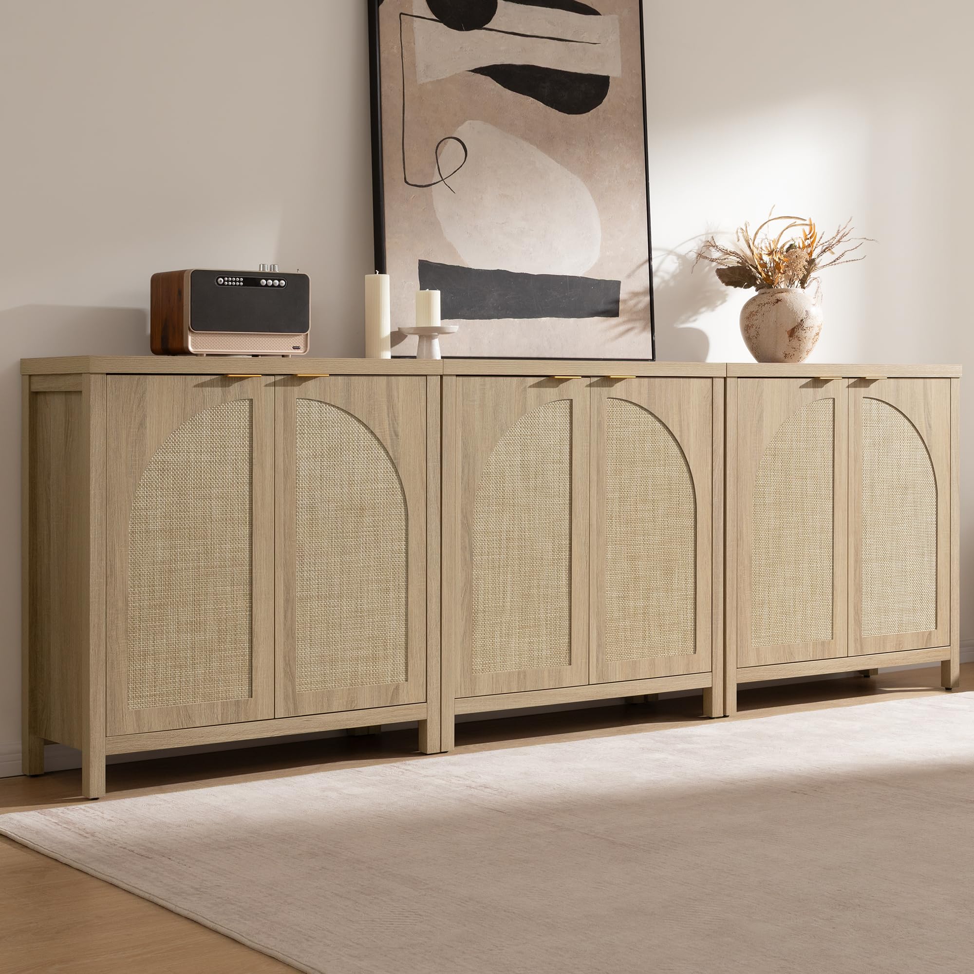 SICOTAS Accent  Storage Cabinet with Rattan Doors, Room Decor Sideboard Buffet Cabinet with Adjustable Shelves, Multifunctional Console Table Rattan Credenza for Dining Room Living Room Entryway, Versatile Design