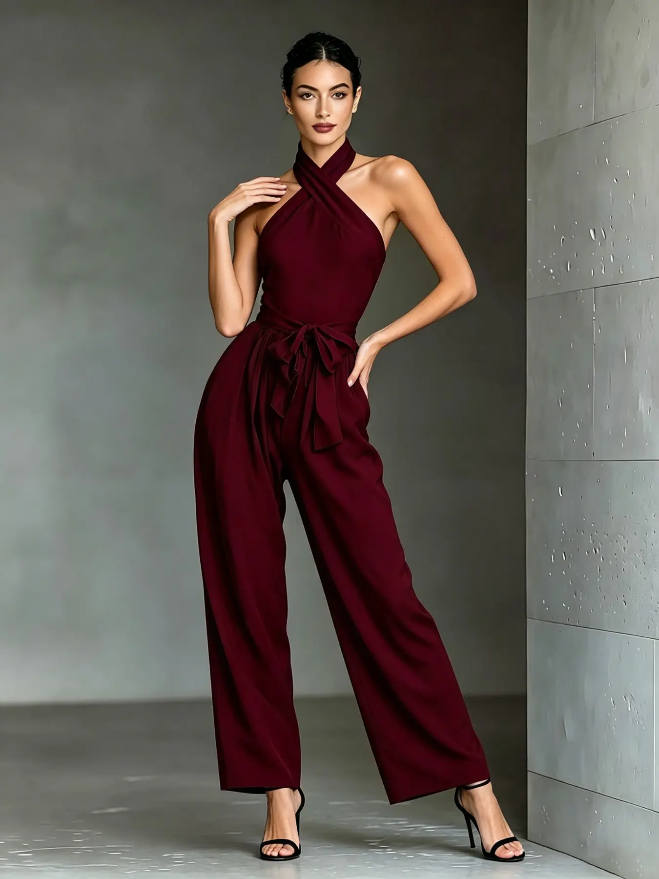 SF5865 Luxurious Sporty Lounge Jumpsuit, Halter Neck, Tie-Wrap Design, Adjustable Waistband, Hidden Side Pockets, Loose Wide Leg, Perfect for Daily Wear