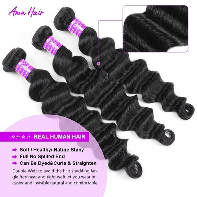 Ama Thick Loose Deep Wave Bundles Virgin Human Hair Weave Bundles Natural Color Remy Hair Weave Extensions Quick Weave Extensions 1/3/4 Bundles