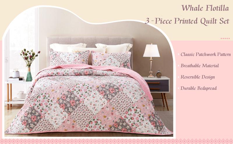 Whale Flotilla Reversible Patchwork Quilts, Lightweight Boho Printed Bedspreads Coverlets Quilt Bedding Set with 2 Pillow Shams for King/Queen size, 1 Pillow Sham for Twin size, Soft for All Seasons