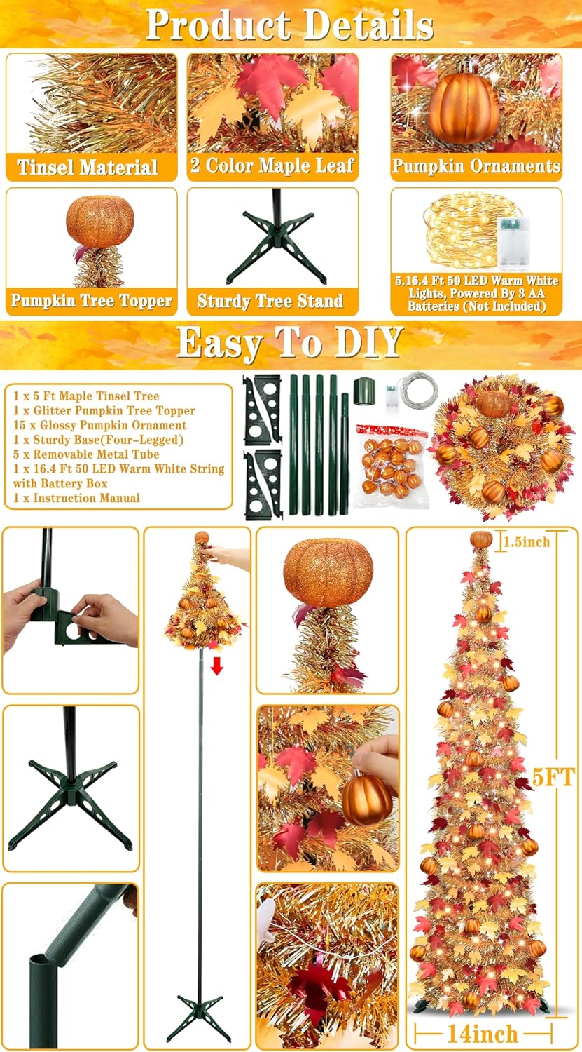 5 FT Lighted Fall Tree Decor with Warm White Lights, Halloween Thanksgiving Pumpkin Tree Decorations for Home, Battery Operated Maple Tree for Indoor Harvest Party
