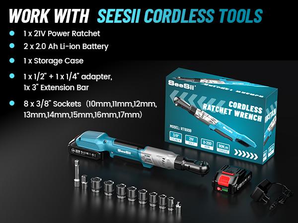 Seesii 3/8" Cordless Ratchet Wrench – 66Ft-lbs Torque, 200RPM Speed, 2x21V Batteries, Variable Speed Control, 8 Sockets, 1/4" & 1/2" Adapters, and 3" Extension Bar Included, 600B Black Friday Deals Seesii 3/8" Cordless Ratchet Wrench – 66Ft-lbs Torque, 200RPM Speed, 2x21V Batteries, Variable Speed Control, 8 Sockets, 1/4" & 1/2" Adapters, and 3" Extension Bar Included, 600B Black Friday Deals