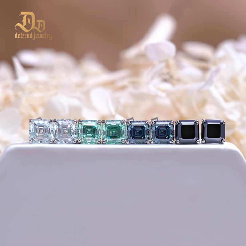 Delzzad Asscher Cut Synthetic Moissanite Prong Stud Earrings S925 Studs Christmas Gift For Men Women