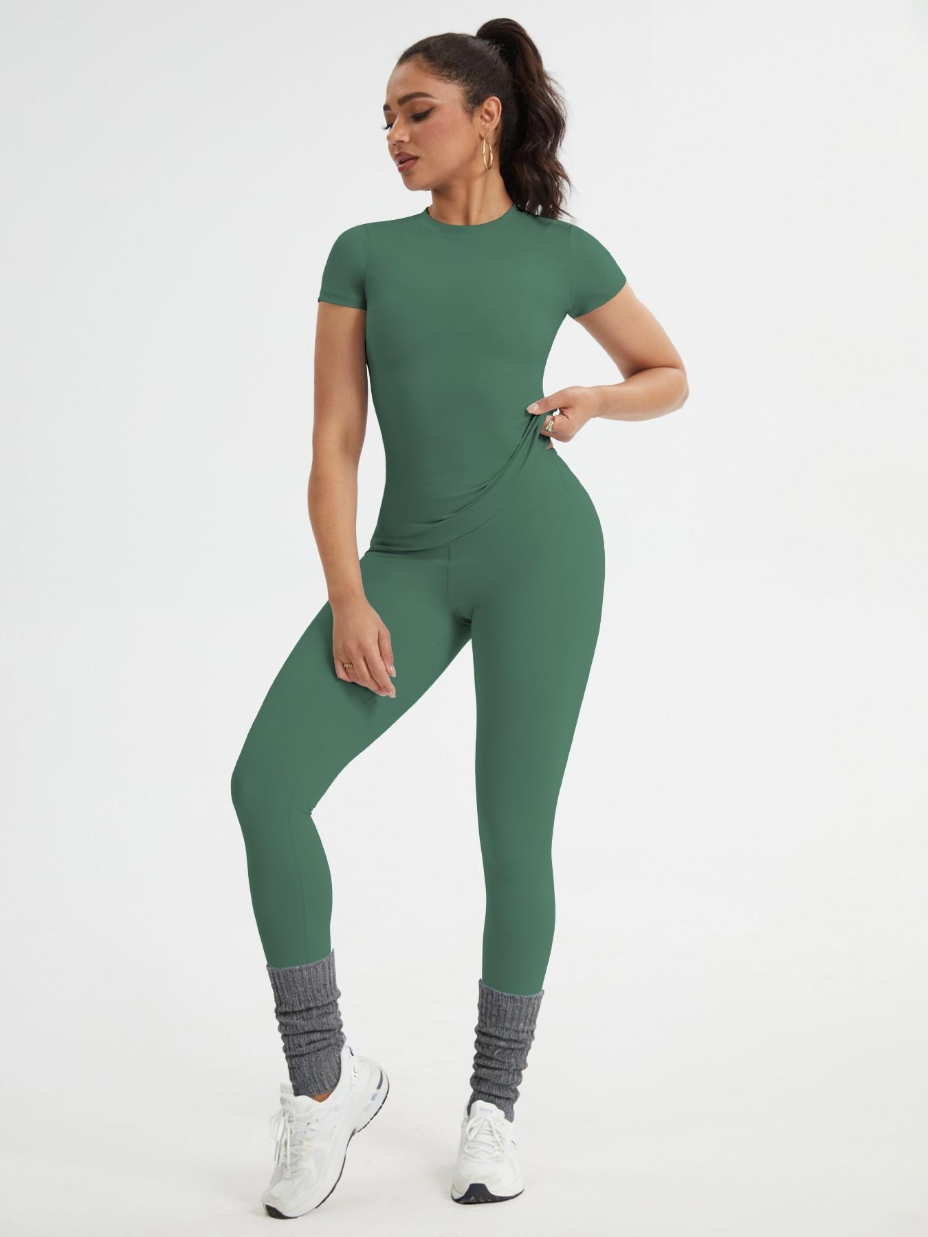 Women's Sportswear Set, Slim-Fit Round Neck Short Sleeves & High-Waisted Yoga Pants, Ideal for Gym Running Outdoor Activities, Stretchy Suit Set