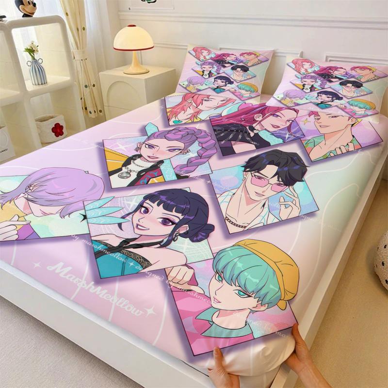 K-Pop Demon Hunters Fitted Sheet Set, Decorative Bedsheet Sets, 1 Fitted Sheet and 2 Pillowcases Without Inner Core, Fashionable Girl Group and Star Magic Element Bedding, Soft Breathable Fabric, Ideal for Bedroom and Dormitory Use #TOP PICKS