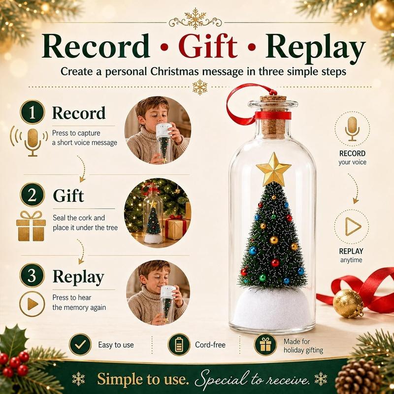 2027 Christmas Message in A Bottle Tree Recordable Snow Globe Forever Voice Ornament Playback Cork Glass Sentimental Gift Personalized Winter Vial Greeting Festival Party New Year Card Idea Handmade Christmas Decor