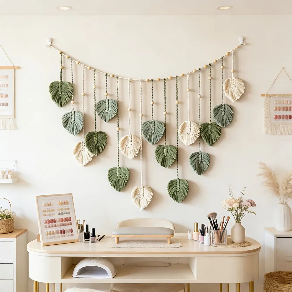 Bohemian Style Woven, Fashion Leaf Shape Hanging Tapestry, Handmade Fringe Beaded Ornament, Boho Wall Decor, Ideal for Living Room or Bedroom