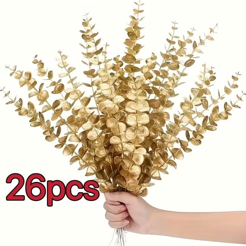 26 Gold Eucalyptus Branches, Artificial Leaves, 38cm Long, Perfect for Christmas and Valentine's Day Decor, Home Vase and Wedding Props, Plastic Material