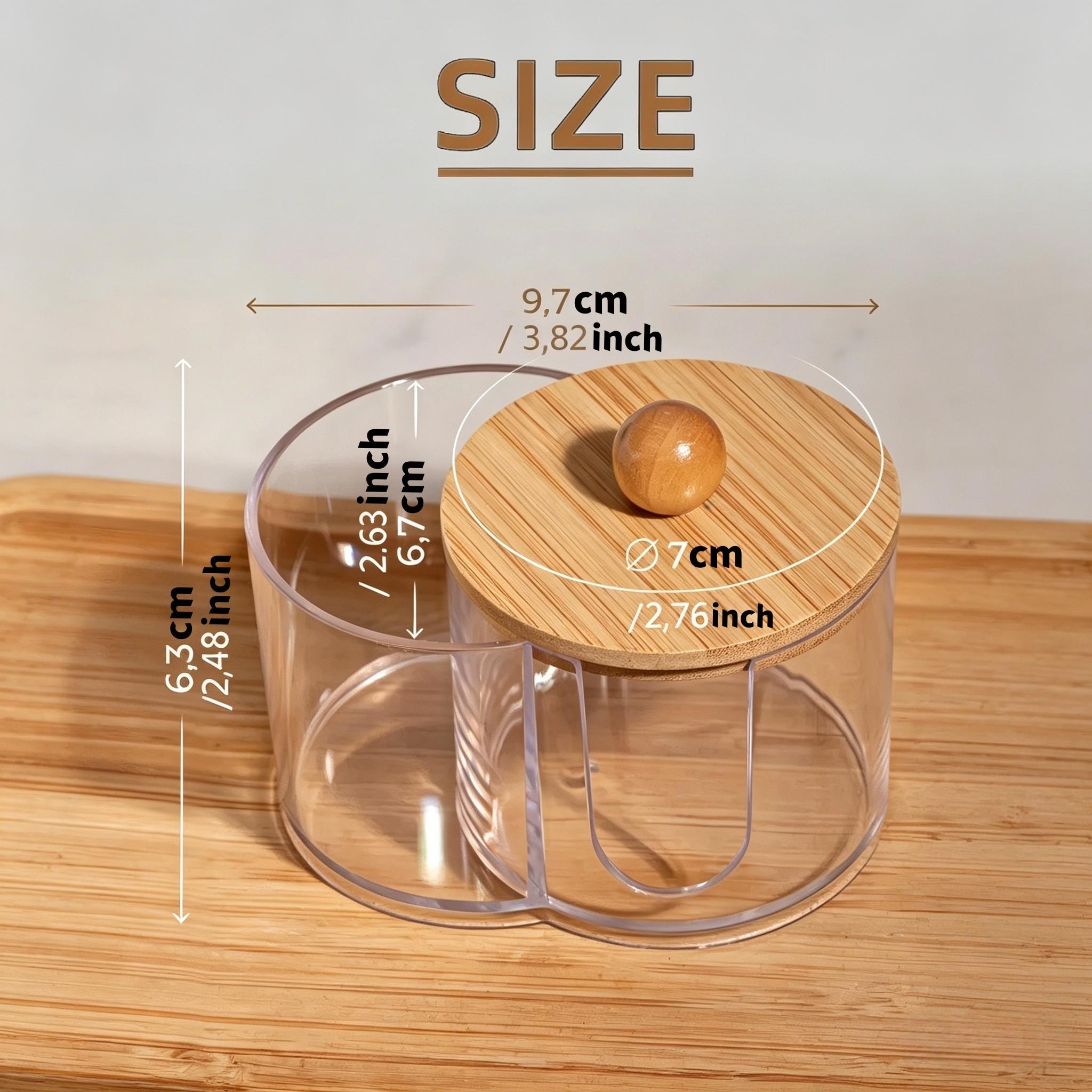 2-In-1 Transparent Cotton Swab Makeup Storage Box, Wooden Lid, Dual Compartment Bathroom Organizer, Space-Saving Vanity Tray, Natural Wood Finish
