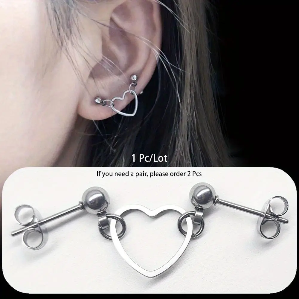1pc Simple Stainless Steel Heart Double Stud Earrings for Women Perfect for Cartilage Tragus Lobe Daith Conch Helix Piercings