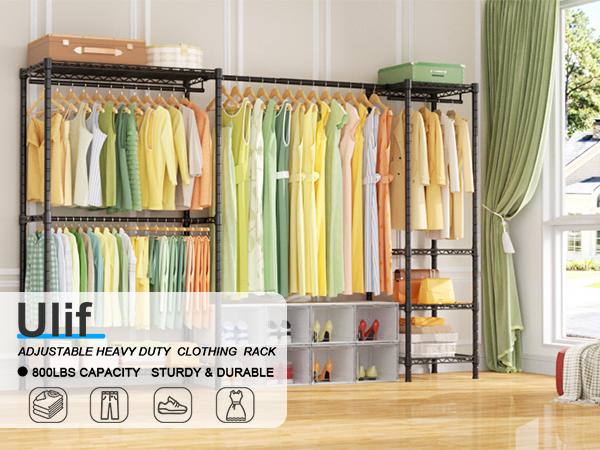Ulif E10 Heavy Duty Clothes Rack With Stretchable Hanger Rod Adjustable Closet Organizer System,Freestanding Clothing Racks for Hanging Clothes,Portable Garment Rack 73-97"W x 15" D x 72" H,Max Load 800LBS,Black Ulif E10 Heavy Duty Clothes Rack With Stretchable Hanger Rod Adjustable Closet Organizer System,Freestanding Clothing Racks for Hanging Clothes,Portable Garment Rack 73-97"W x 15" D x 72" H,Max Load 800LBS,Black