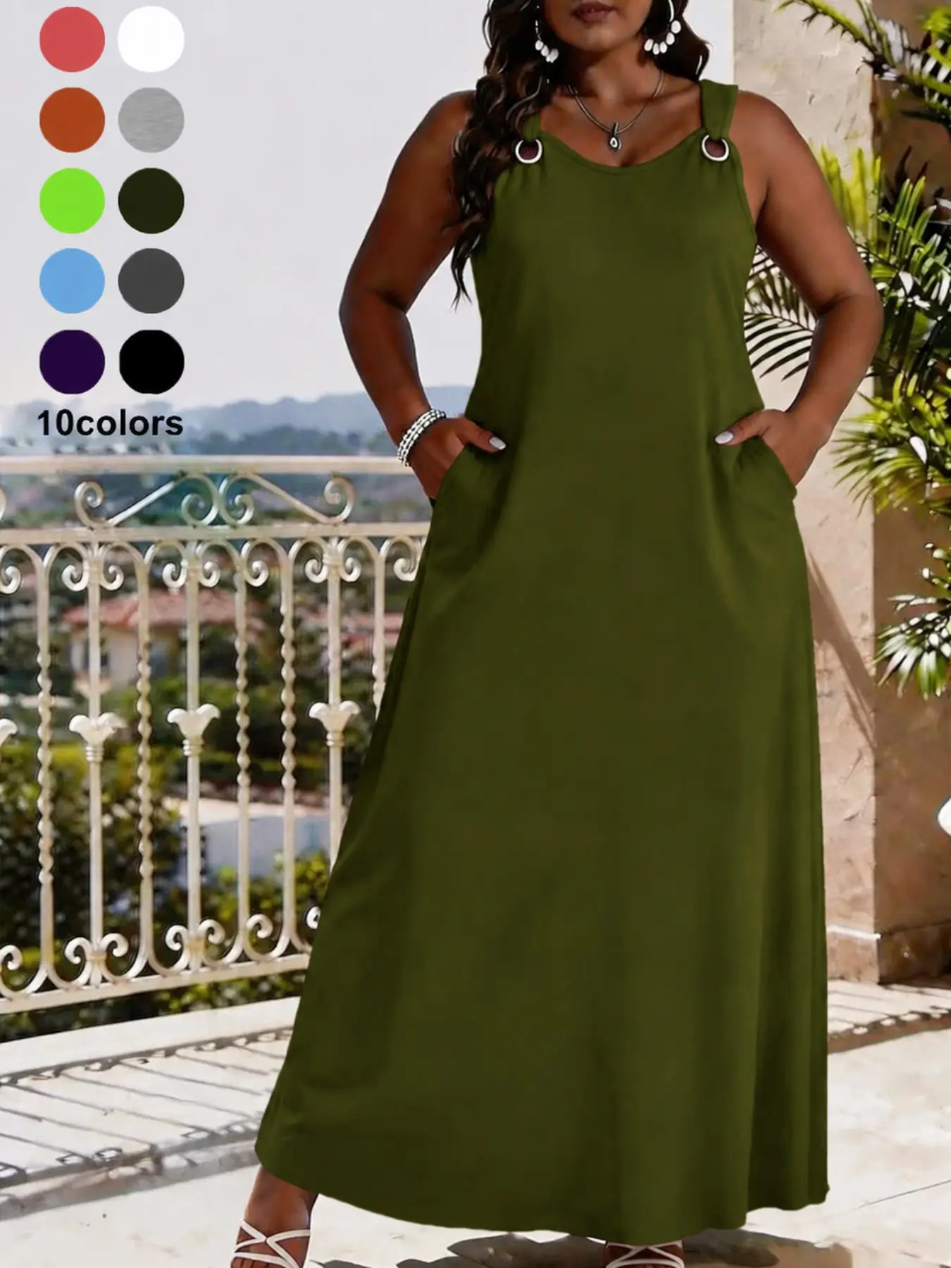 Elegant V Neck Sleeveless Dress for Women, Summer Fashion Long Dress, Wide Strap Round Ring Design, Perfect for Daily Outing Beach Party