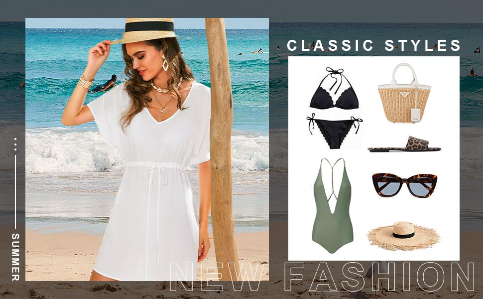 Womens Swimsuit Coverup Short Sleeve Beach Cover Up Dress V Neck Bikini Beachwear