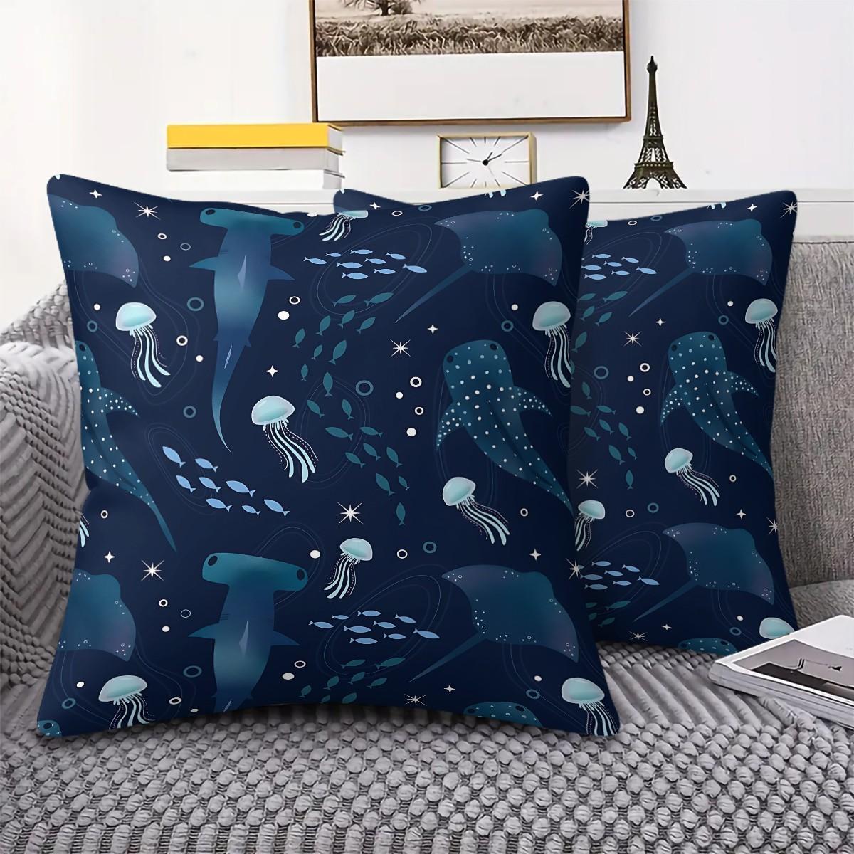Deep-Sea Creature Patterned Throw Pillows, a Lively Hammerhead Shark and Jellyfish, 45cm Square and Include a Pillow Insert. Perfect Choice for Ocean-Themed Decor, Offering Soft Comfort and an Ideal Addition to Sofas and Bedrooms.