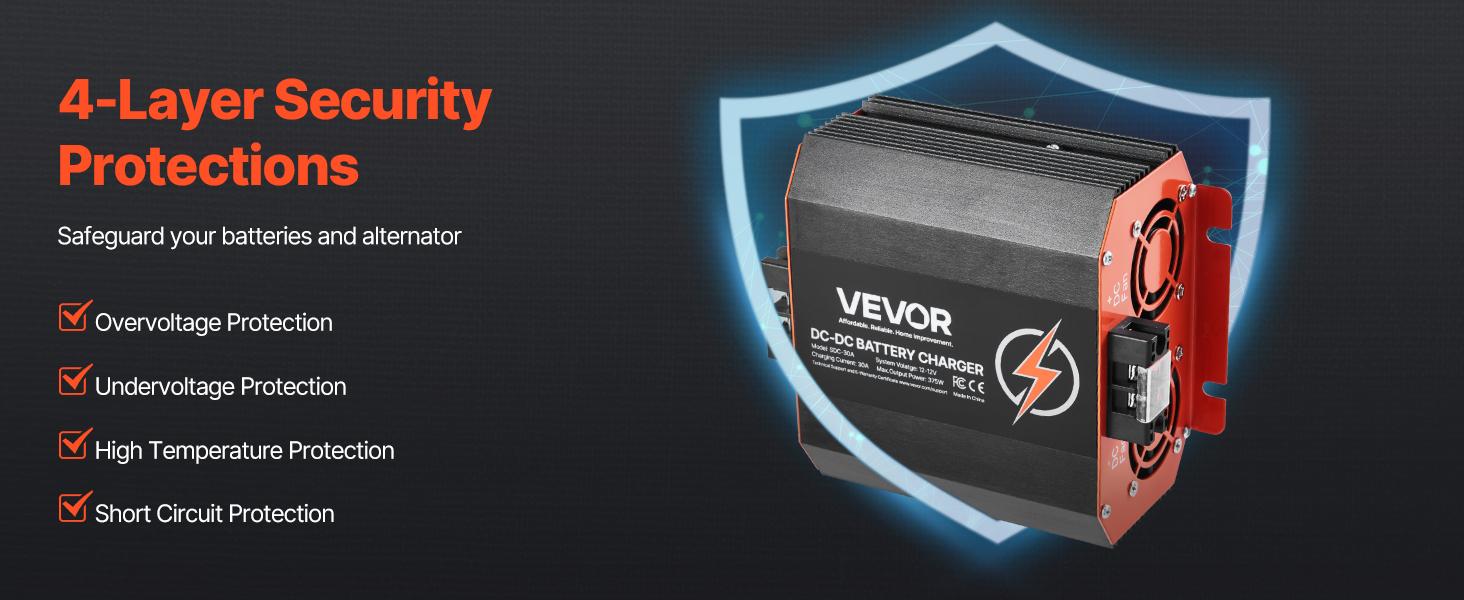 VEVOR 12V 20A DC to DC Battery Charger, 250W, On-Board Battery Charger for Lead-Acid, Lithium, AGM, GEL, and Flooded Batteries, Smart Multi-Stage Charging, for RVs, Commercial Vehicles, Boats, Yachts