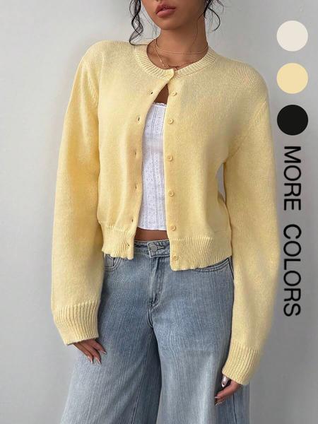 Women's Solid Color Button Front Sweater Cardigan, Casual Long Sleeve Knitwear for Fall & Winter, Women's Knit Clothing for Daily Wear