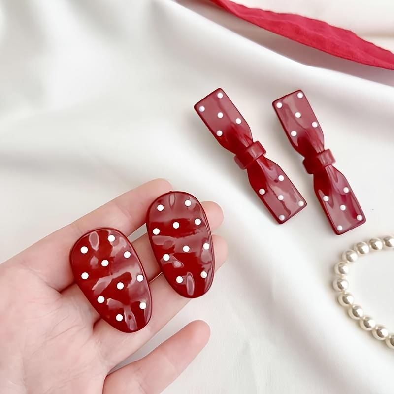8Pcs Red‑White Polka‑Dot Hair Clip Set, Bow & Wavy‑Shaped Decor Side Barrettes, Sweet Multi‑style Decorative Hair Pins, Trendy All‑match Hair Accessories for Women Girls Daily Hairstyle