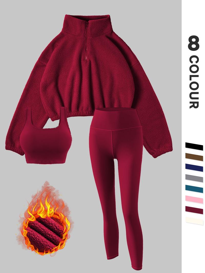 Women's Fleece-Lined Tracksuit Set, Cozy 3-Piece Outfits For Gym, Ideal Valentine'S Gift