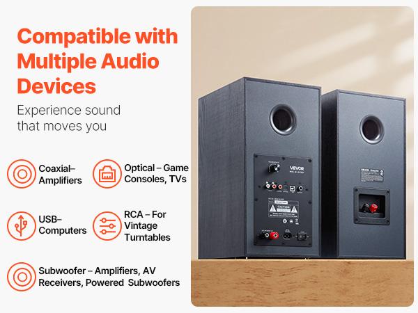 VEVOR Powered Bookshelf Speakers, 25Wx 2, Active Studio Monitor Speaker with 5.5 Inch Woofer, Bluetooth/RCA/Coaxial/Optical/USB/Subwoofer Connection, Wooden Enclosure, for Record Player Turntable PC