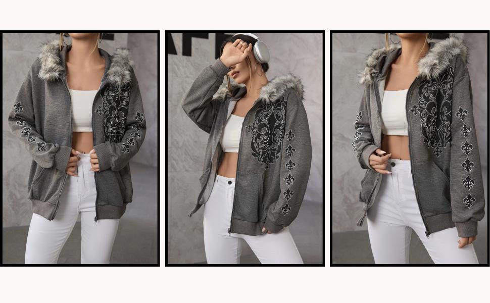 Women's Zip Up Hoodies Graphic Rhinestone Contrast Faux Fur Long Sleeve Sweatshirt Jacket with Pockets