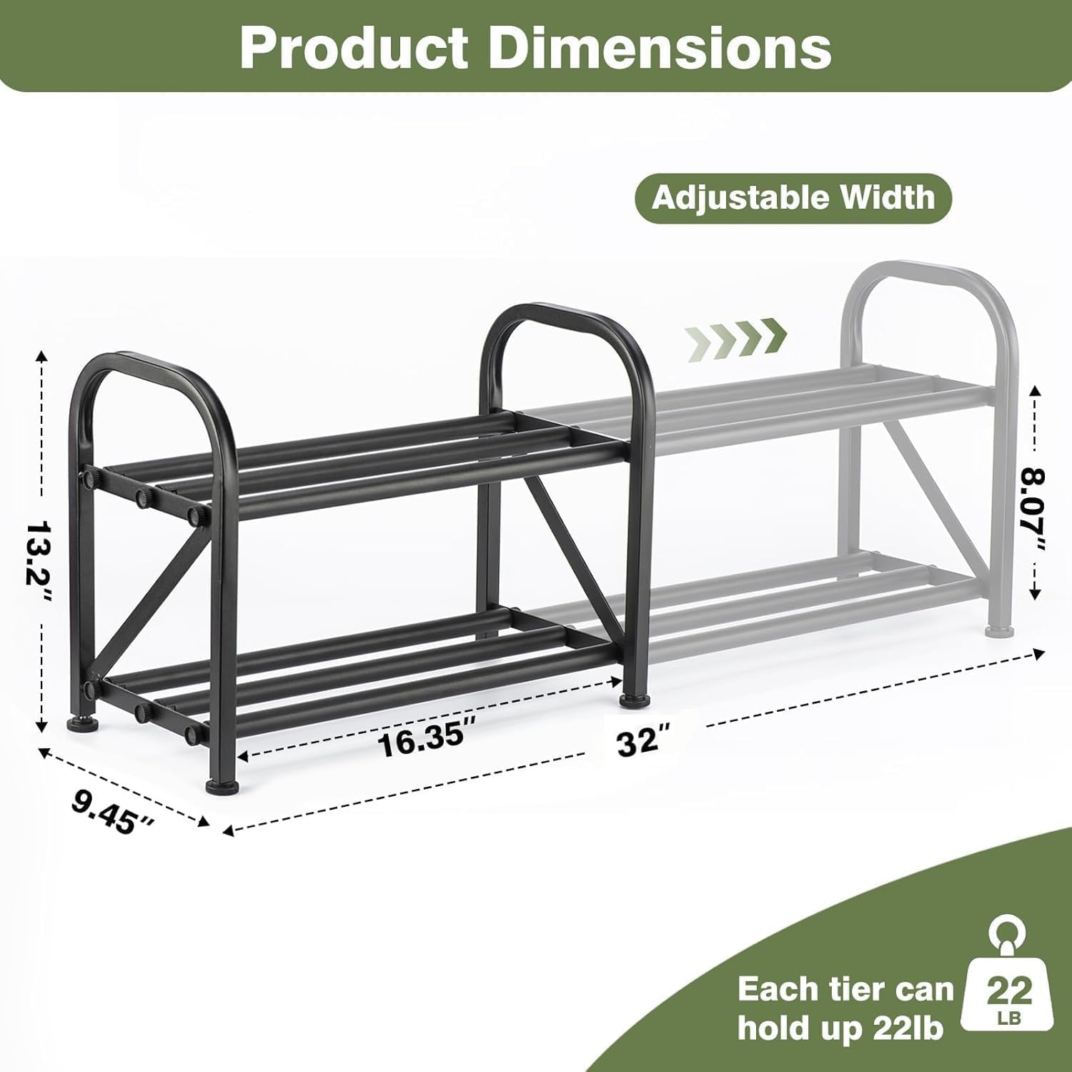 2-Tier Shoe Rack for Closet, 16"-32" Expandable Shoe Rack, Adjustable for Entryway Closet Doorway Sturdy Metal, Black
