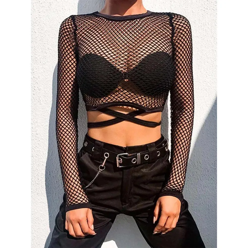 Sexy New Mesh Goth Long Sleeve T shirt Women Hollow See-through Fishnet Tops Summer Casual Shirt Streetwear Women's Clothing