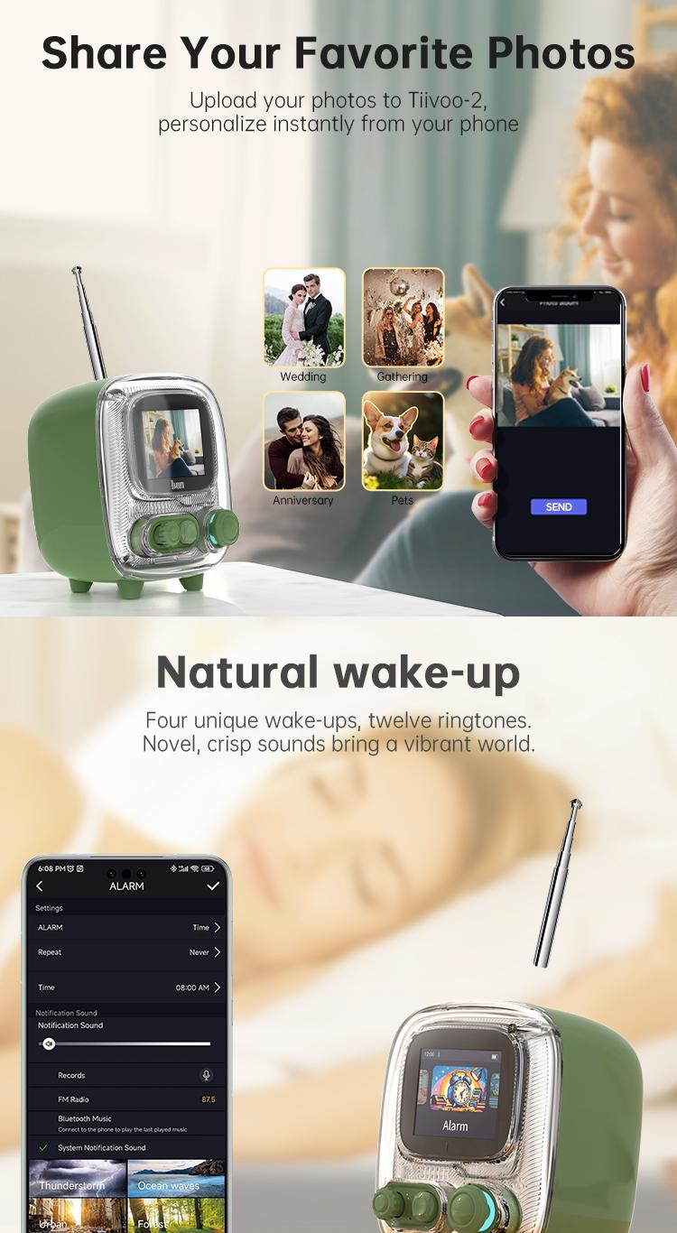 Divoom Tiivoo-2 Portable Bluetooth Speaker with FM Radio Pixel Art Retro Mini Small Cute portable Wireless Speaker White Noise Vintage Decor Suitable for Party Office Desk Home Bedroom Kitchen Gifts for Women Men Smartphone Audio Sound System Light Pink