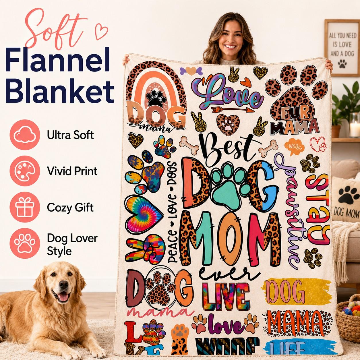 Dog Mom Flannel Blanket with Colorful Paw Prints, Soft Cozy Warm Fleece Throw, Graphic Throw Blanket, Cute Pet Lover Gift for Dog Moms and Animal Lovers, Soft Blankets
