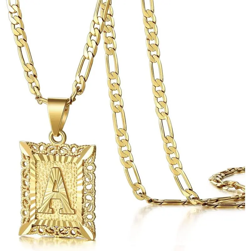 Unisex Letter Pendant Necklace, 14K Gold Plated Square Capital Letter Necklace, produced by AZ Figaro Chain Jewelry (Gold, A