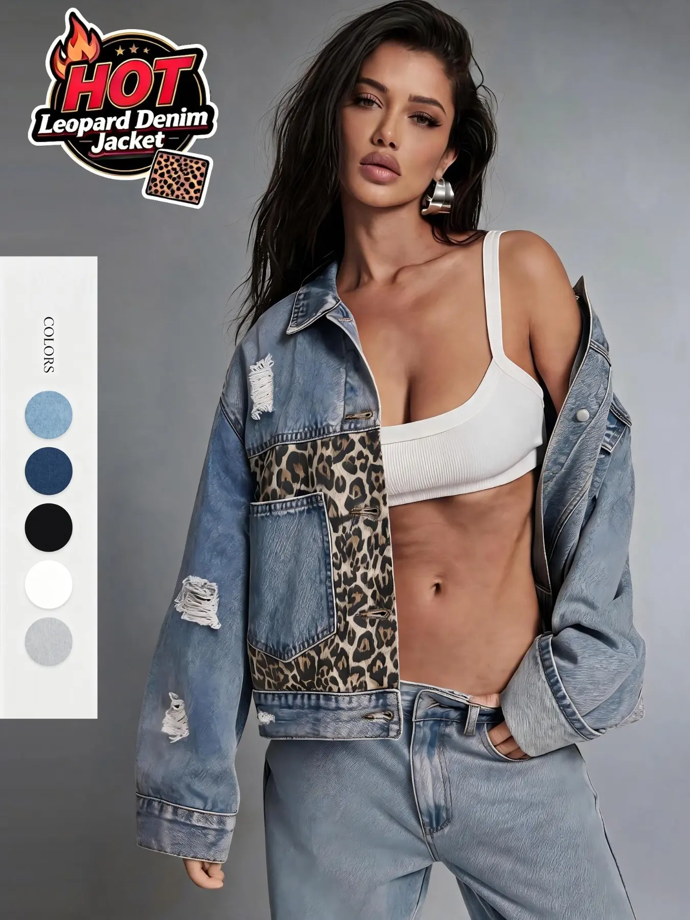 Women's Leopard Print Denim Jacket, Vintage Millennial Street Style, Loose Fit, Long Sleeve, Button Closure, Casual Outerwear