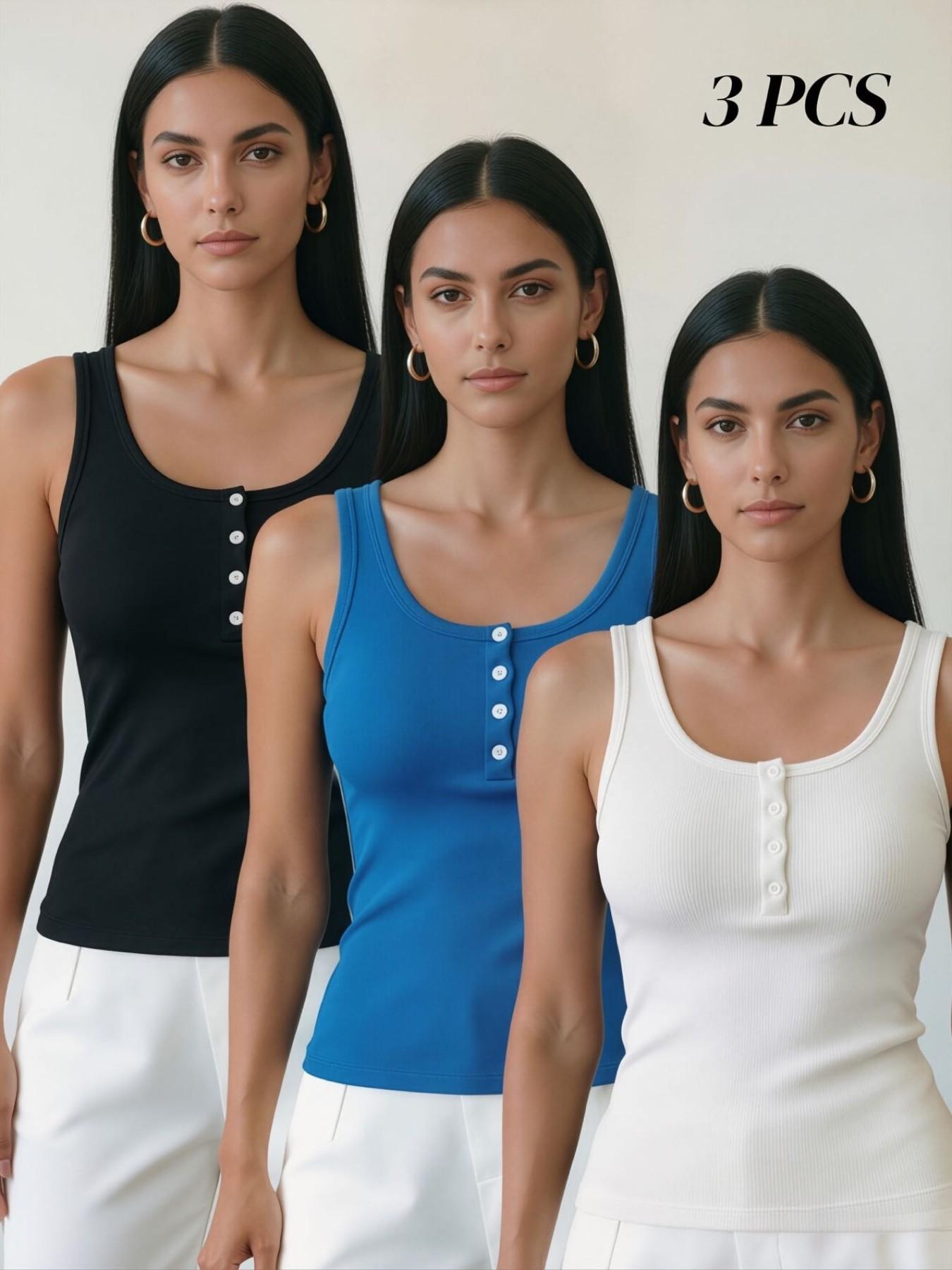 3-Pack Women's Spring Summer Round Neck Button Striped Sleeveless Top, Front Button Design, Knitted Slim Fit Tank Tops, Casual Daily Wear