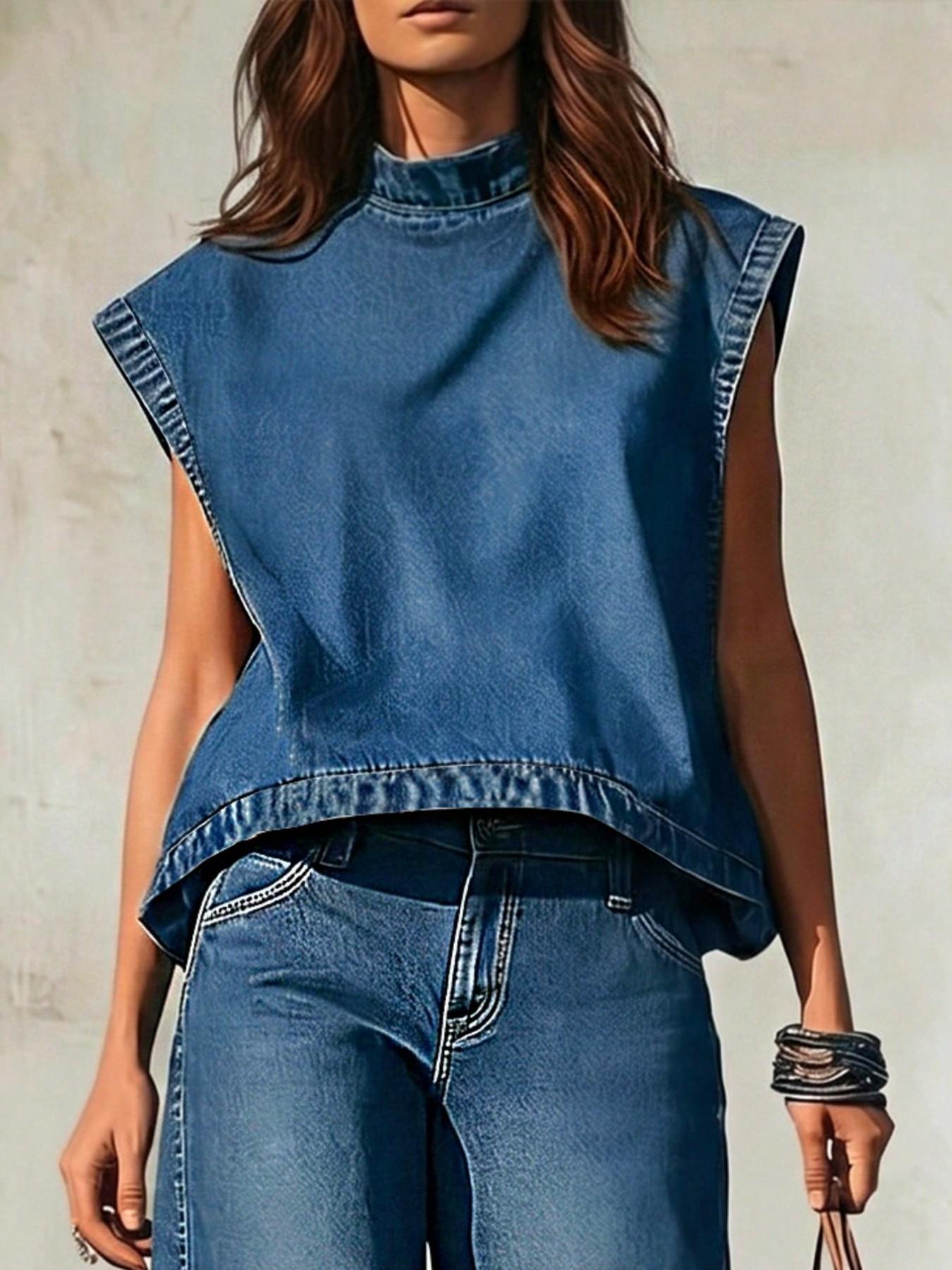 Women's Stand Collar Sleeveless Loose Fit Denim Top, Perfect for Summer Daily Wear, Casual Fashion Shirt