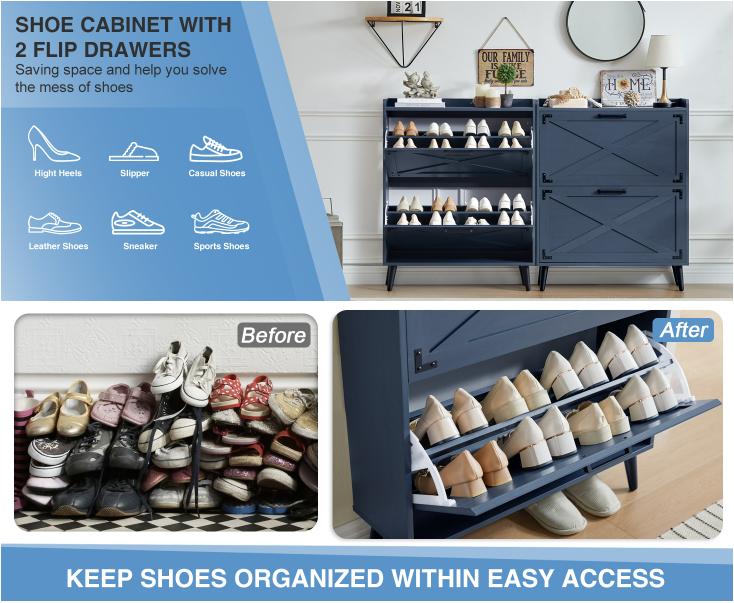 Farmhouse Shoe Storage Cabinet with 2-4 Flip Drawers & Barn Door Design - Freestanding Slim Narrow Shoe Organizer for Entryway, Foyer & Hallway