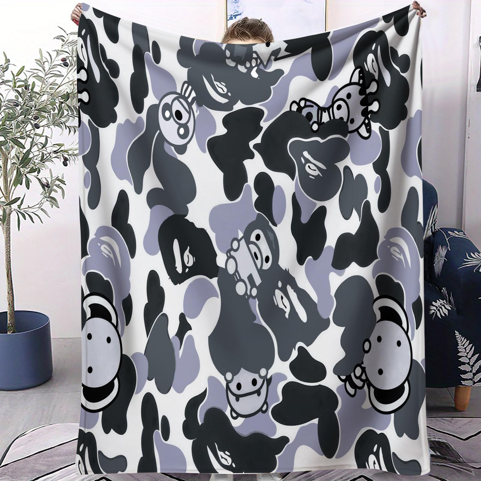 Cartoon Camo Anime Flannel Blanket, Multi-use for Car, Home & Library, Soft Lightweight and Machine Washable, Trendy Gift for Housewarming, Christmas & Birthday