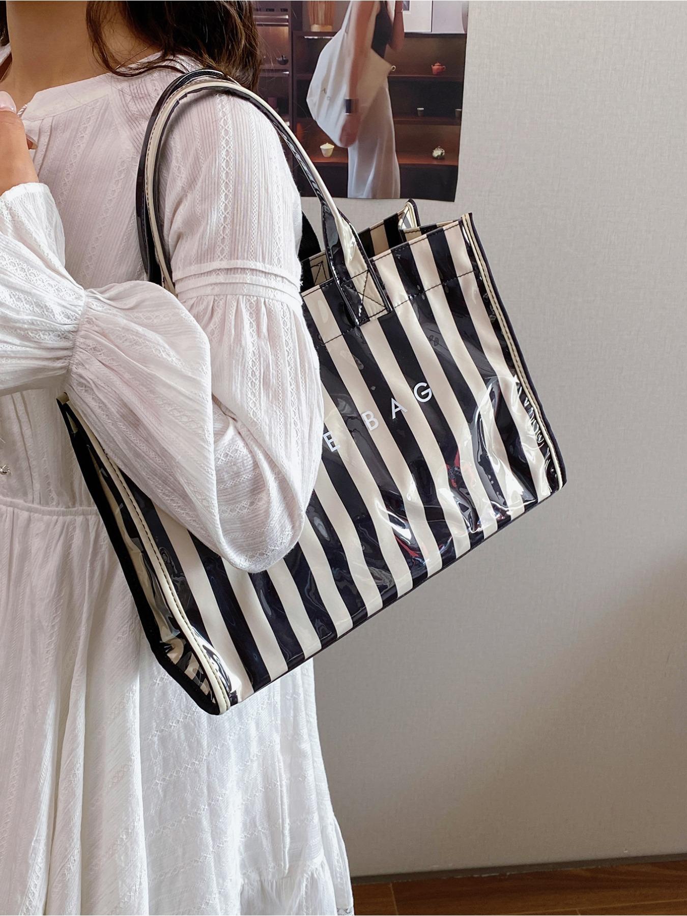 Fashion Multi Color Striped Women Tote Bag Minimalist Style PVC Shoulder Bag Daily Commute Shopping All Match Ladies Handbag For Work Daily Travel Shopping